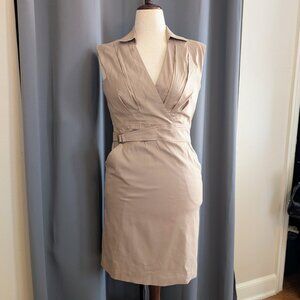 Ann Taylor khaki faux wrap v-neck sleeveless knee-length dress. Size 8.
